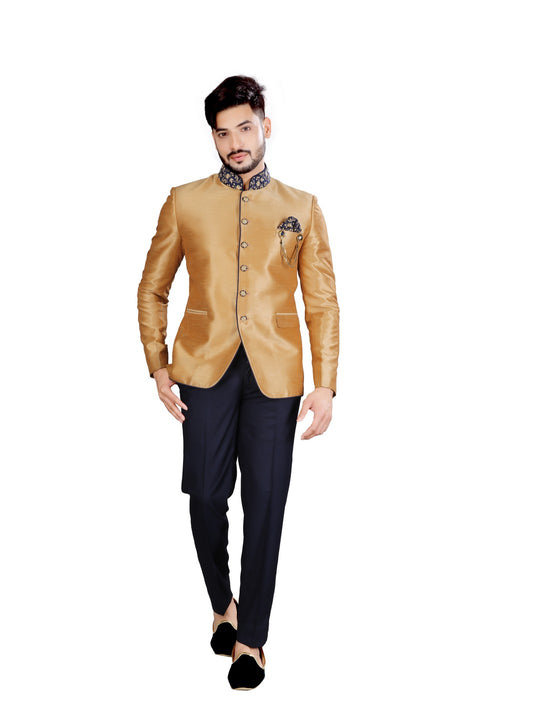 Simply Stunning Maharaja Gold And Navy Blue Wedding Jodhpuri Printed Indian Suit Set For Men - RK3087SNT Simply Stunning Maharaja Gold And Navy Blue Wedding Jodhpuri Printed Indian Suit Set For Men - RK3087SNT