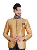 Simply Stunning Maharaja Gold And Navy Blue  Wedding Jodhpuri Printed Indian Suit Set For Men - RK3087SNT