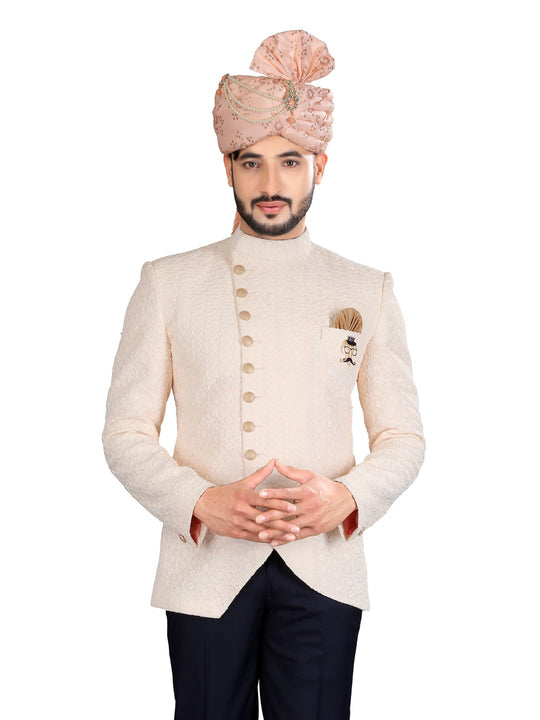 Classy Peach Wedding Jodhpuri Printed Indian Suit Set For Men - RK3088SNT
