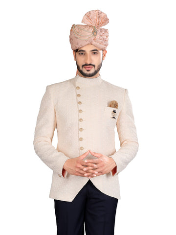 Buy Ivory White Thread Embroidered Silk Jodhpuri Suit Online | Samyakk