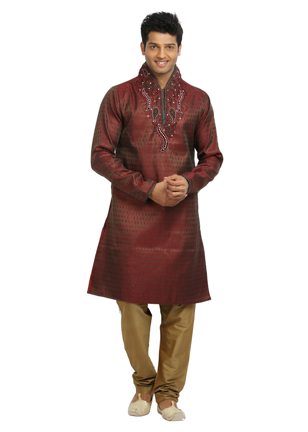 Firebrick Indian Wedding Kurta Pajama Sherwani for Men