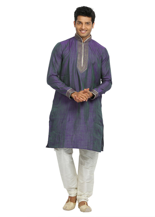 Medium Purple & Green Cotton Linen Indian Kurta Pajama for Men