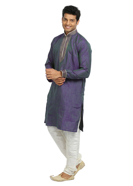 Medium Purple & Green Cotton Linen Indian Kurta Pajama for Men