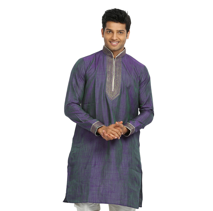 Medium Purple & Green Cotton Linen Indian Kurta Pajama Sherwani - Indian Ethnic Wear for Men