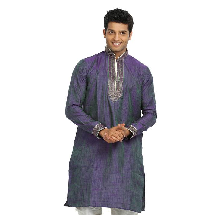 Medium Purple & Green Cotton Linen Indian Kurta Pajama for Men