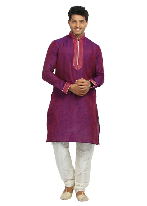 Medium Violet & Red Cotton Linen Indian Kurta Pajama Sherwani - Indian Ethnic Wear for Men