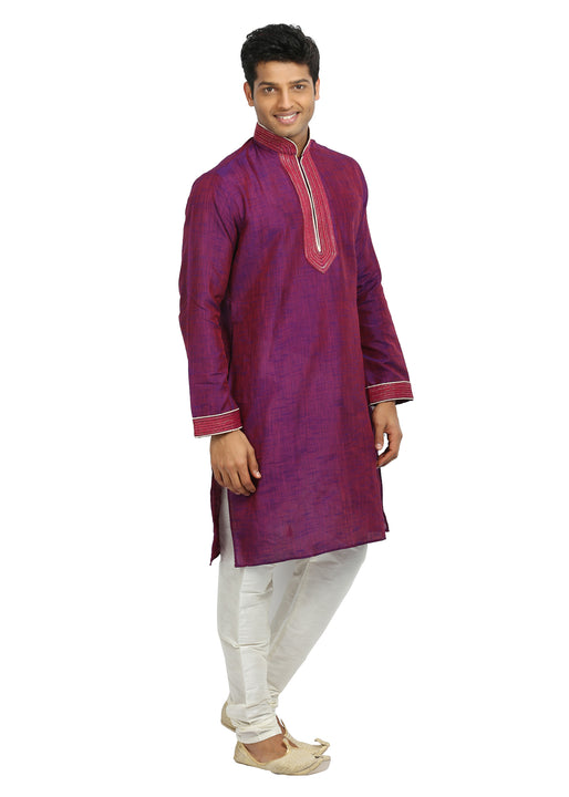 Medium Violet & Red Cotton Linen Indian Kurta Pajama Sherwani - Indian Ethnic Wear for Men