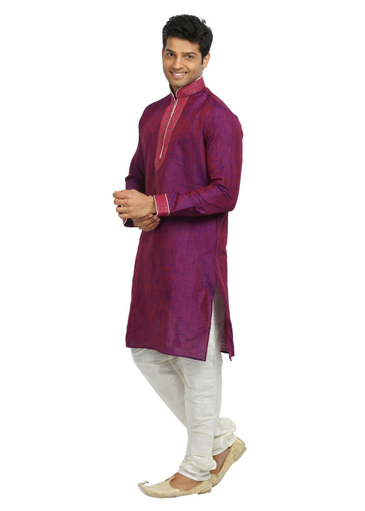 Medium Violet & Red Cotton Linen Indian Kurta Pajama Sherwani - Indian Ethnic Wear for Men