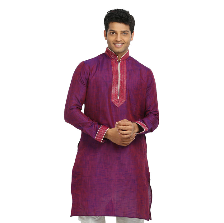 Medium Violet & Red Cotton Linen Indian Kurta Pajama Sherwani - Indian Ethnic Wear for Men