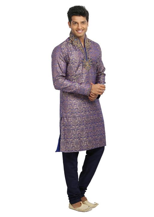 Tan Blue High Neck Indian Wedding Kurta Pajama Sherwani - Indian Ethnic Wear for Men