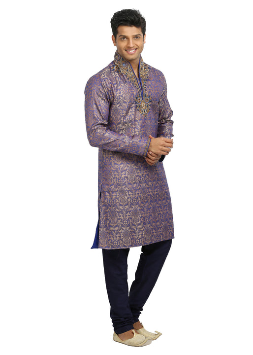 Tan Blue High Neck Indian Wedding Kurta Pajama for Men