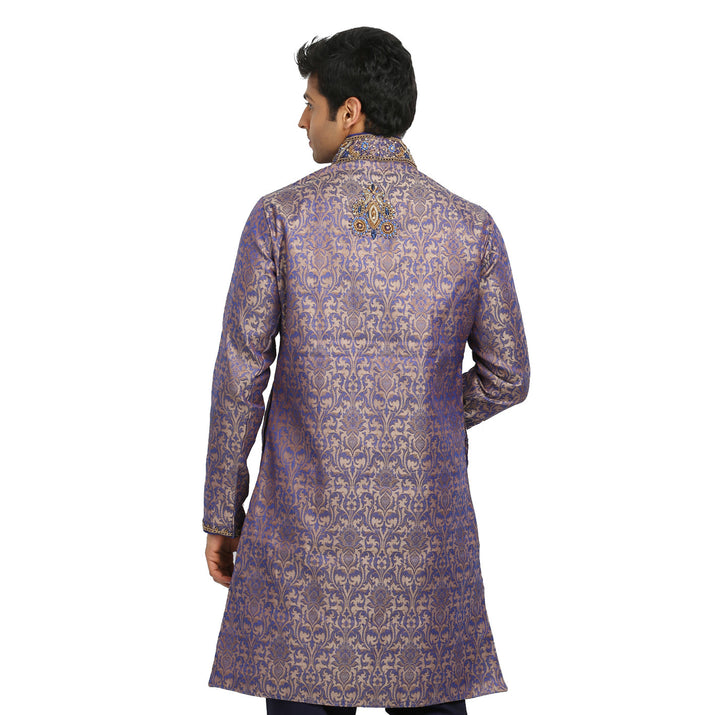 Tan Blue High Neck Indian Wedding Kurta Pajama for Men