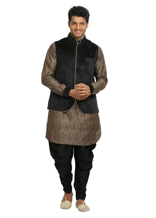 Cotton Black Nehru Jacket Set with Kurta Pyjama, Party Wear