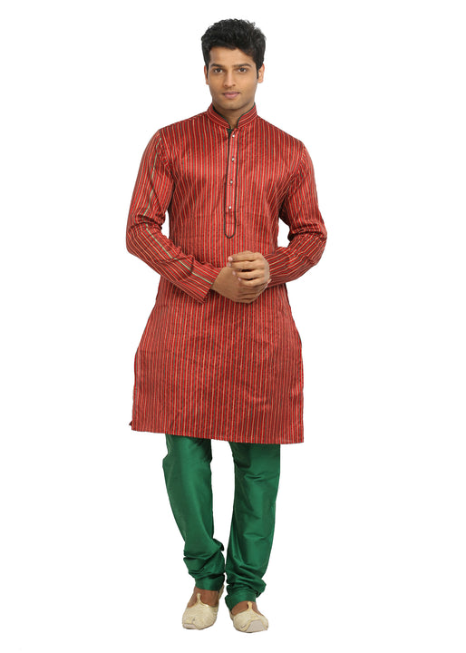 Red Pinstripes Indian Wedding Kurta Pajama Sherwani - Indian Ethnic Wear for Men