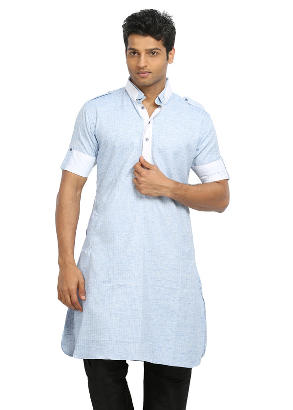 Cool Blue Cotton Fabric Pathani Kurta for Men