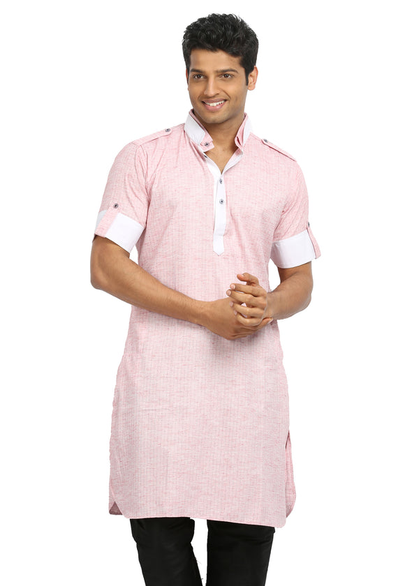 Light Pink Cotton Fabric Pathani Kurta for Men