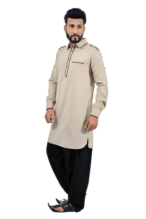 Saris and Things Dark Khaki Pathani Suit for Men