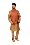 Indian Traditional Silk Golden Sherwani Kurta Set with Rust Jacket for Men