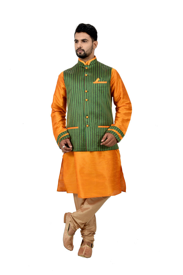 Indian Traditional Silk Cadminm Orange Sherwani Kurta Set with Green Jacket for Men