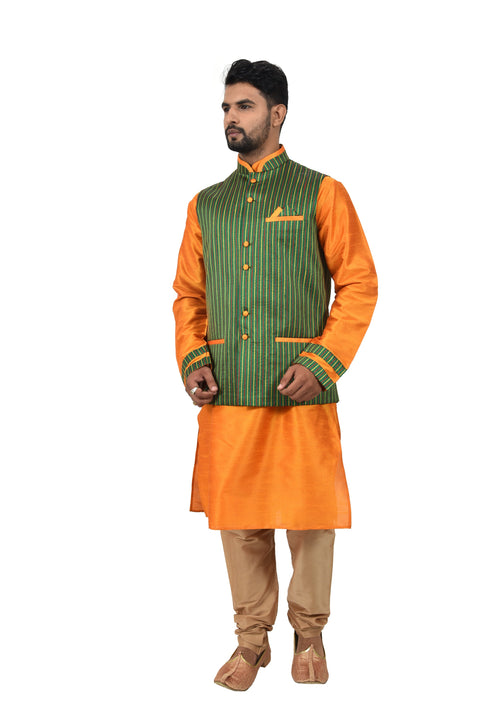 Indian Traditional Silk Cadminm Orange Sherwani Kurta Set with Green Jacket for Men