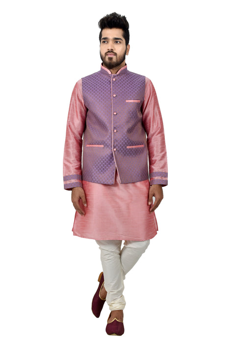 Indian Traditional Silk Cameo Pink Sherwani Kurta Set with Light Pastel Purple Jacket for Men