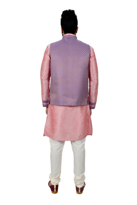 Indian Traditional Silk Cameo Pink Sherwani Kurta Set with Light Pastel Purple Jacket for Men