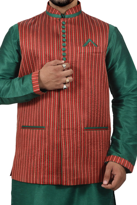 Indian Traditional Silk Green Sherwani Kurta Set with Maroon Jacket for Men