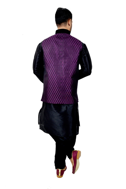 Indian Traditional Silk Black Sherwani Kurta Set with Plum Jacket for Men