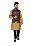 Indian Traditional Silk Golden Sherwani Kurta Set with Navy Blue Jacket for Men