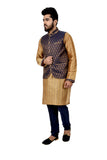 Indian Traditional Silk Golden Sherwani Kurta Set with Navy Blue Jacket for Men