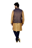 Indian Traditional Silk Golden Sherwani Kurta Set with Navy Blue Jacket for Men