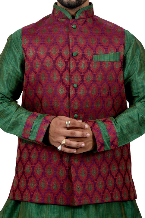 Indian Traditional Ghiccha Silk Green Sherwani Kurta Set with Multicolour Jacket for Men