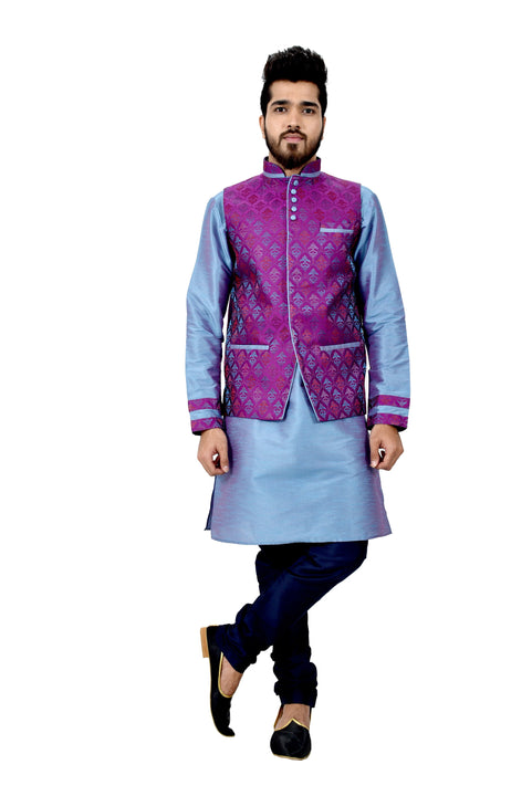 Indian Traditional Silk Rich Blue Sherwani Kurta Set with Neon Purple Jacket for Men