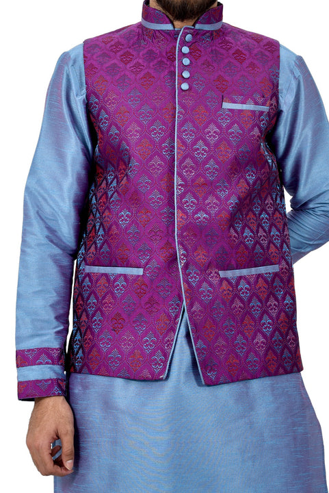 Indian Traditional Silk Rich Blue Sherwani Kurta Set with Neon Purple Jacket for Men