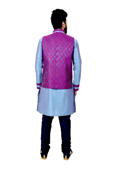 Indian Traditional Silk Rich Blue Sherwani Kurta Set with Neon Purple Jacket for Men