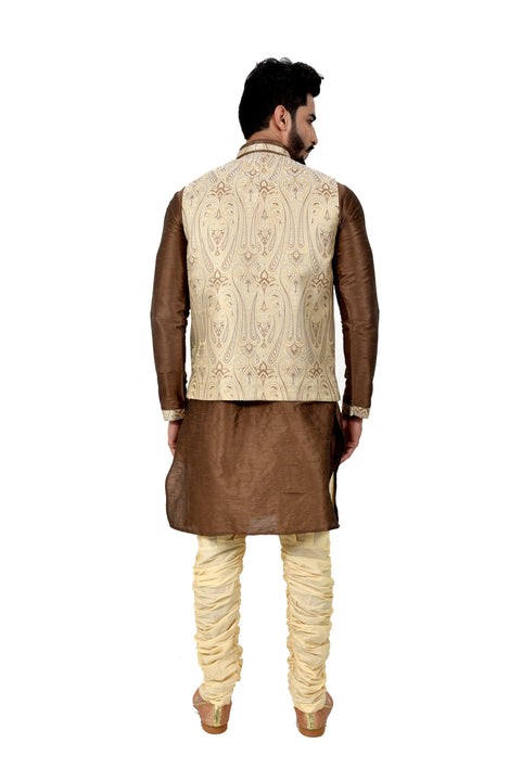 Indian Traditional Silk Otter Brown Sherwani Kurta Set with Cream Jacket for Men