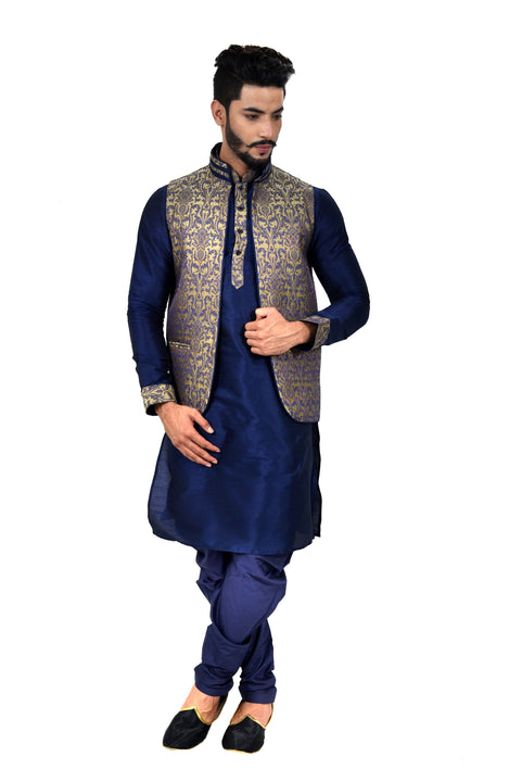 Indian Traditional Silk Navy Blue Sherwani Kurta Set with Jacket for Men