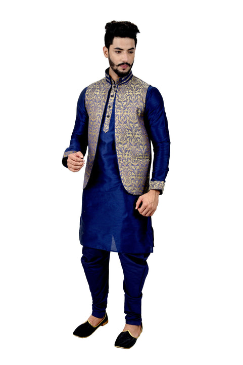 Indian Traditional Silk Navy Blue Sherwani Kurta Set with Jacket for Men