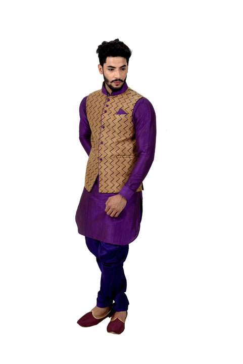 Indian Traditional Ghiccha Silk Purple Sherwani Kurta Set with Camel Jacket for Men