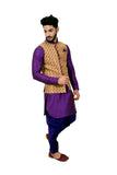 Indian Traditional Ghiccha Silk Purple Sherwani Kurta Set with Camel Jacket for Men