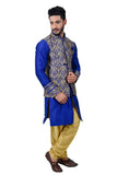 Indian Traditional Silk Mono Blue Sherwani Kurta Set with Multicolour Jacket for Men