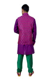 Indian Traditional Cotton Silk Purple Sherwani Kurta Set with Multicolour Jacket for Men