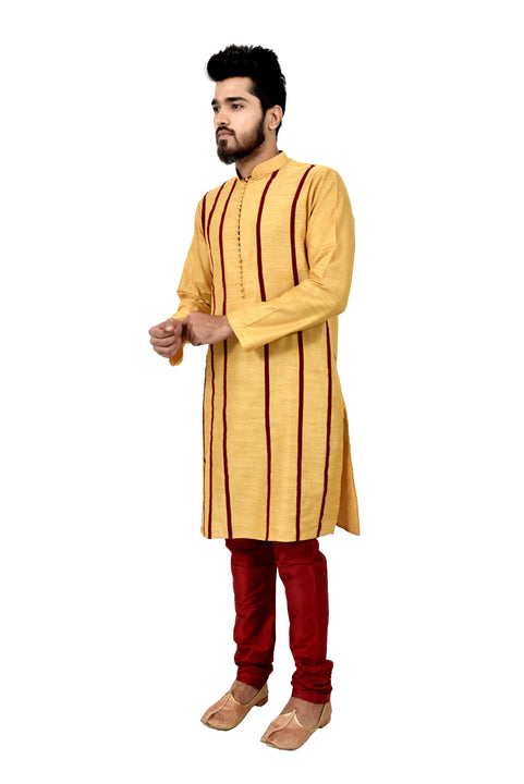 Indian Traditional Cotton Silk Golden Yellow Kurta Pajama for Men