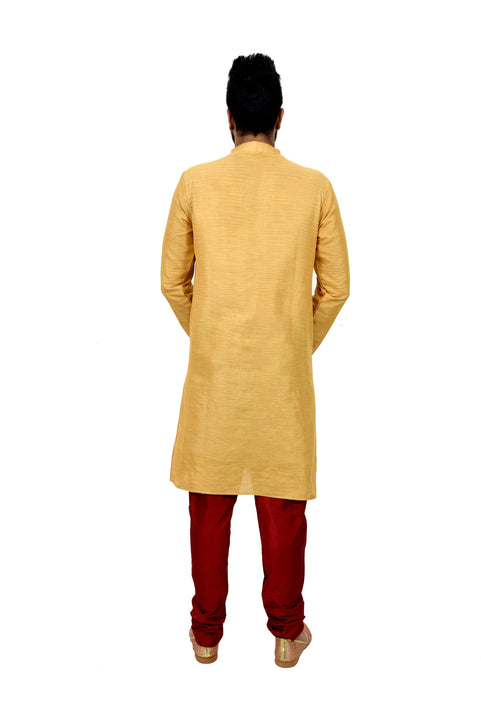 Indian Traditional Cotton Silk Golden Yellow Kurta Pajama for Men