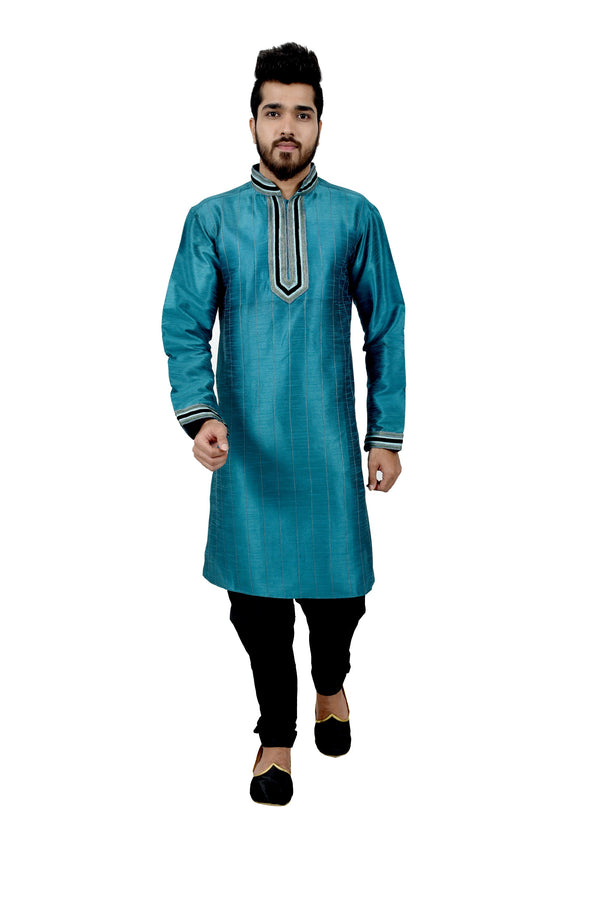 Indian Traditional Silk Peacock Blue Kurta Pajama for Men