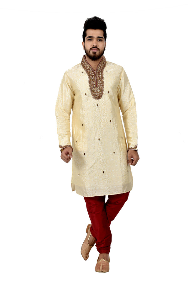 Indian Traditional Brocade Silk Cream Kurta Pajama for Men