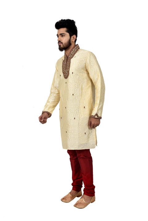 Indian Traditional Brocade Silk Cream Kurta Pajama for Men