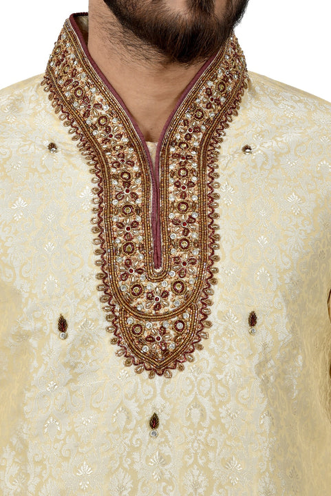 Indian Traditional Brocade Silk Cream Kurta Pajama for Men