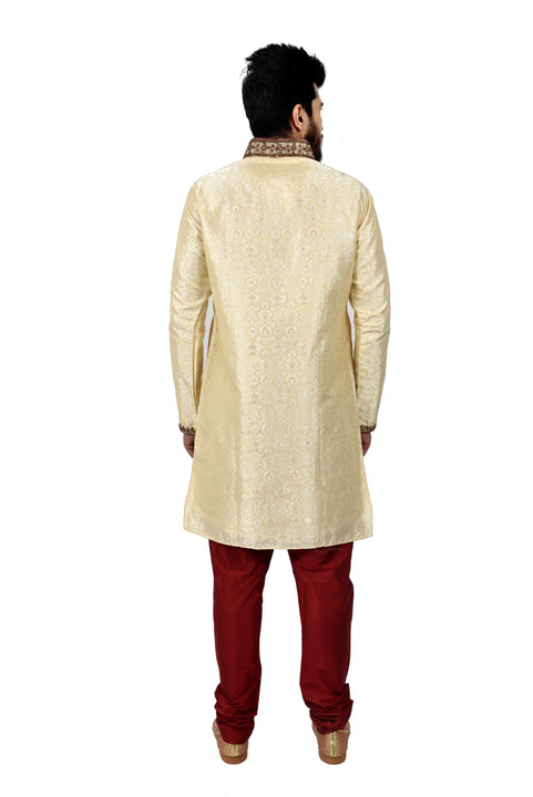 Indian Traditional Brocade Silk Cream Kurta Pajama for Men