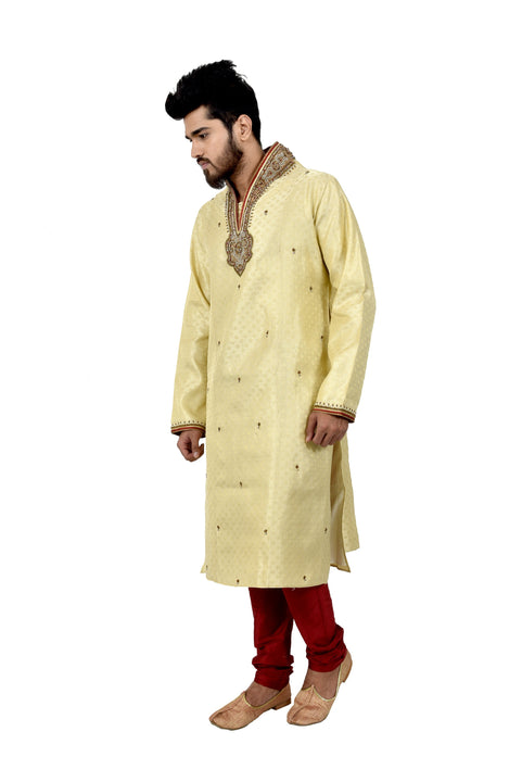 Indian Traditional Brocade Silk Lemonchiffon Kurta Pajama for Men